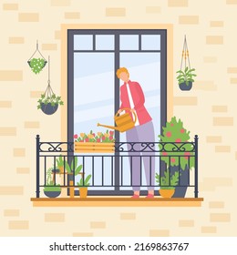 People take care home plants on balcony. Vector flower hobby growing, gardener growth at home, woman and garden illustration