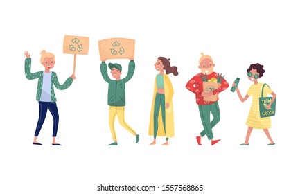 People Take Care Of The Planet And Protest In Support Of The Environment Vector Illustration Set Isolated On White Background