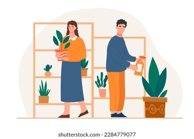 People take care of plants. Man and woman watering potted flowers. Gardening and caring for nature and ecology. Elements of decor and interior. Botany and hobby. Cartoon flat vector illustration