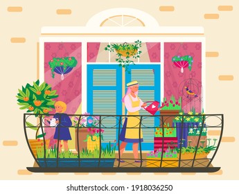 People take care plants on balcony, tiny potted garden, home gardening, healthy lifestyle, cartoon style vector illustration. Happy mother with joyful daughter watering flowers, growing indoor plants.