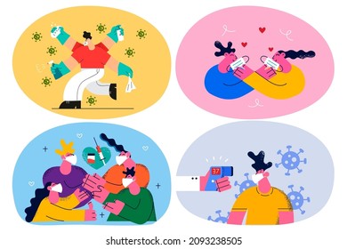 People take measures protect from covid-19 wear facemask, measure temperature and disinfect. Persons get vaccinated for coronavirus protection. Vaccination and healthcare. Vector illustration. Set.