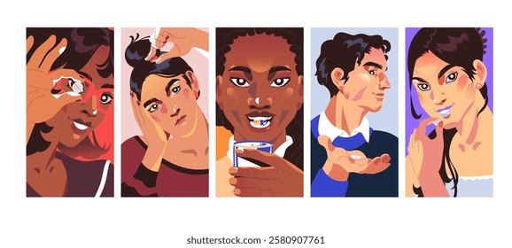 People take medications set. Portraits of patients eating pills, cure. Women and men hold capsules, tablets in hand, drink painkillers, drugs, remedies. Healthcare, pharmacy. Flat vector illustrations