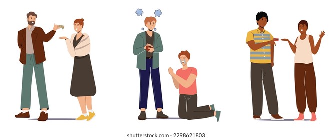 People Take Money, Financial Help, Debt Concept. Female Characters Borrow Money at Husband or Friend begging money for help. white BG. Couple Relations, Friendship. Cartoon People Vector Illustration