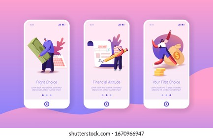 People Take Money Loan In Bank Mobile App Page Onboard Screen Template. Tiny Characters Signing Contract, Take Cash In Micro Credit Finance Organization, Debt Concept. Cartoon Vector Illustration