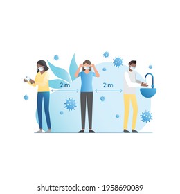 People take necessary precautions, prevent virus, pandemic, coronavirus. Woman, man defends herself, put on medical mask, often wash their hands, use antiseptic for disinfection. Social distance.