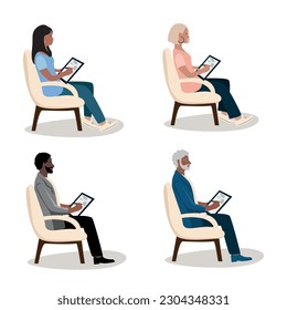 People take notes while sitting in a chair. Vector set of people sitting at a seminar, conference, training or lecture. Business people.