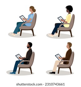 People take notes while sitting in a chair. Vector set of people sitting at a seminar, conference, training or lecture. Business people.