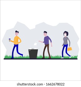 People take off their medical masks and throw them into the urn. Color vector cartoon illustration. Victory over the virus epidemic
