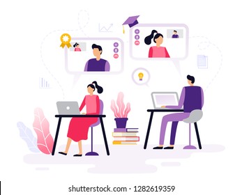 People take online courses, working with laptops and watching videos. Banner or element for a site with a distance education theme. Vector illustration