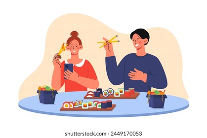 People take photo of food. Man and woman with camera near sushi and rolls. Visitors of cafe or catering service. Traditional asian and japanese eating. Cartoon flat vector illustration