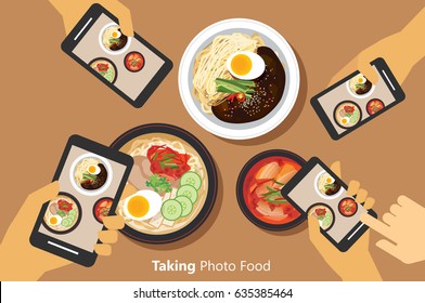People take a photo of korean food with smartphone