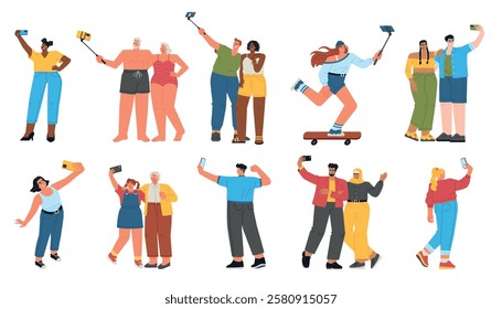 People take photo self portraits. Funny characters hold smartphones, photographed on front camera, social media shots creating, vector set