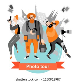 People take photos of  sights in the photo tour. Funny cartoon characters