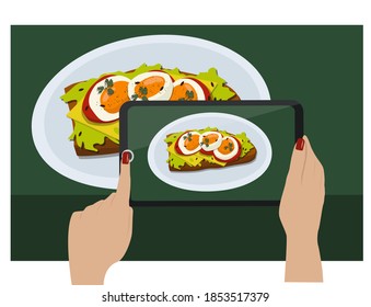 People take photos of their food with their smartphone. A woman takes a picture of a delicious sandwich. Professional photo shoot.  Vector illustration.