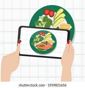 People take photos of their food with their smartphone. Women's hands hold the phone and shoots a delicious lunch on the camera. Photo shoot of dishes.  Vector illustration.