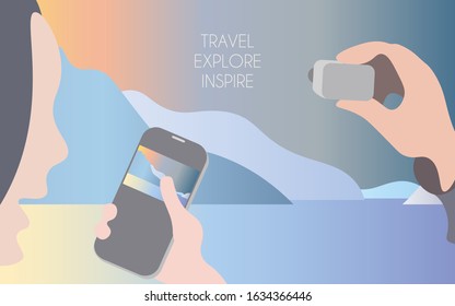 People take pictures of nature - the sea and mountains against the sunset. A large image of the face and hands with a phone and a video camera. Travel, explore, inspire. Vector illustration. EPS10