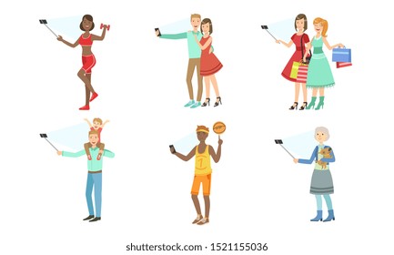People take pictures of themselves. Set of vector illustrations.