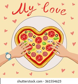 People take pizza-heart.Beige background with red hearts.It can be used to design greeting cards with Valentine's day.Boy and girl pulling hand to pizza.A top view of a meal.My love.