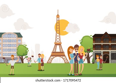 People take selfie amid sights outside vector illustration. Men and women take photos by smartphone on long selfiestick, high cartoon eiffel tower. Character capture trip on shared photo.
