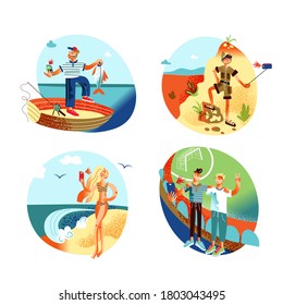 People take selfie scenes set. Safari tourist, fisherman with catch, football fans at stadium, young girl at beach takes pictures. Vector character illustration of photography hobby, memorable moment