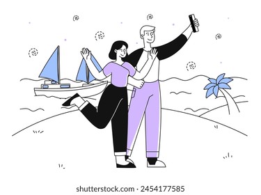 People take selfie simple. Man and woman with smartphone take photo at sandbeach near ocean and sea. Tourists and travelers at vacations. Doodle flat vector illustration isolated on white background