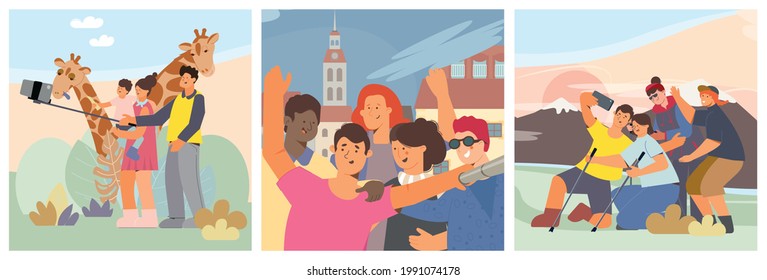 People take selfies near giraffes in nature and while traveling flat vector illustration