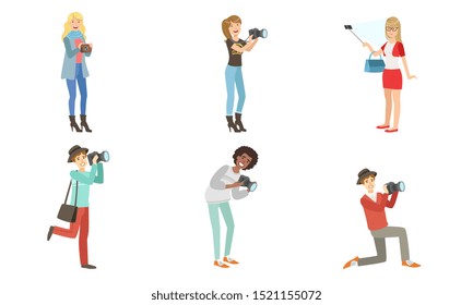 People take selfies. Set of vector illustrations.
