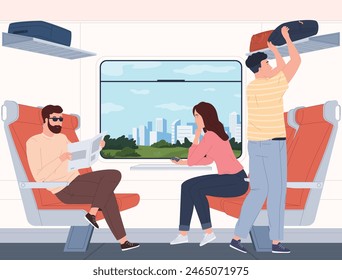 Los Personas toman sus Vacantes en el tren. El interior de un moderno vagón de tren. Viaje en tren. Cómodas Vacantes en el tren. Ilustración vectorial