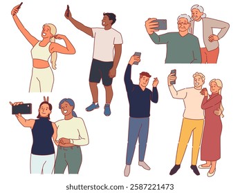 People take themselves pictures. Men and women take selfies, persons holding and using smartphones, mobile photo shoot, young and old characters, vector cartoon flat style isolated set