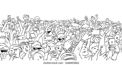Сrowd of people takes a concert, performance on the phone. Hand drawn vector illustration.