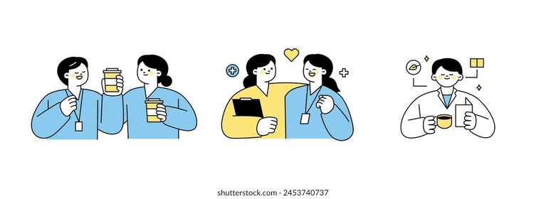 People taking breaks, friendly colleagues, doctors reading thank you letters. outline simple vector illustration.