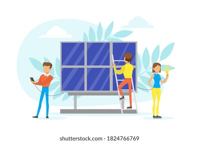 People Taking Care about Ecology and Using Alternative Source of Energy, Environment Protection Concept Flat Vector Illustration