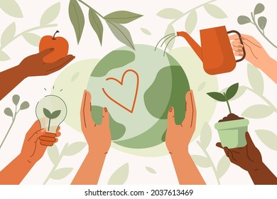 People taking care about planet earth and saving from climate change. Characters hands holding eco friendly objects. Sustainable lifestyle and climate change concept. Flat cartoon vector illustration.