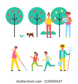 People taking care about trees vector icon. Adults and children working in garden, pluck fruit into basket, man with bucket and rake, pitchfork set