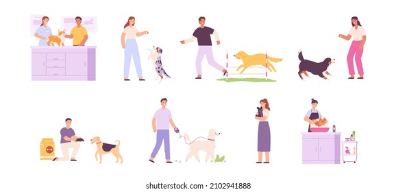 People taking care of dogs, feed, walk, hug and groom. Dog owner life. Veterinarian. Shelter volunteer with street dog. Puppy pet vector set. Illustration of pet friendship, person playing with animal