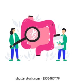 People taking care of intestine with the help of probiotic supplement. Woman holding magnifying glass shows good bacteria. Man holding pills. Good digestion concept for web, banner, article.