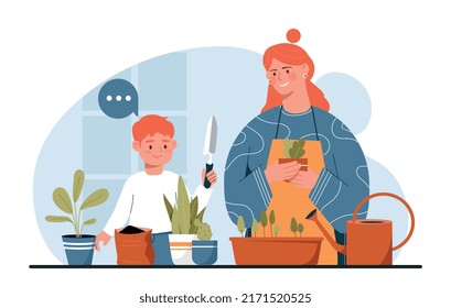 People taking care of plants. Mother with son grow flowers in apartment. Little helper, household chores and routine. Woman and boy gardening at home, watering plants. Cartoon flat vector illustration