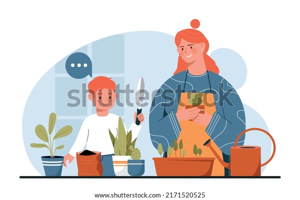 People taking care of plants. Mother with\
son grow flowers in apartment. Little helper, household chores and\
routine. Woman and boy gardening at home, watering plants. Cartoon\
flat vector\
illustration