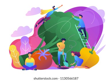 People taking care of vegetables as a concept of vegetarianism, vegetarian diet, meat abstaining, healthy lifestyle, veggie recipe, eco friendly, violet palette. Vector illustration on background.