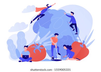 People taking care of vegetables as a concept of vegetarianism, vegetarian diet, meat abstaining, healthy lifestyle, veggie recipe, eco friendly, pinkish coral blue palette. Vector illustration on