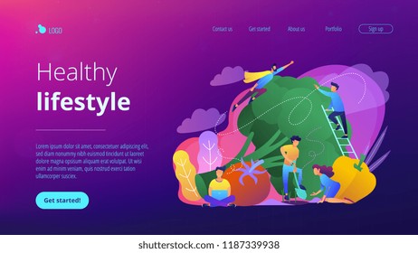 People taking care of vegetables. Healthy lifestyle landing page. Vegetarianism, vegetarian diet, meat abstaining, veggie recipe, eco friendly. Vector illustration on ultraviolet background.