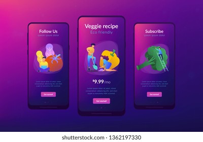 People taking care of vegetables. Healthy lifestyle landing page. Vegetarianism, vegetarian diet, meat abstaining, veggie recipe, eco friendly. Mobile UI UX GUI template, app interface.