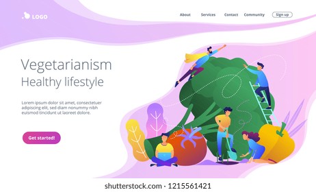 People taking care of vegetables. Vegetarianism, healthy lifestyle landing page. Veggie recipe, vegetarian diet, meat abstaining, eco friendly, violet palette. Vector illustration on background.