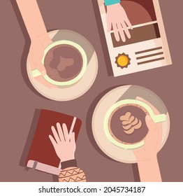 people taking coffee break with books