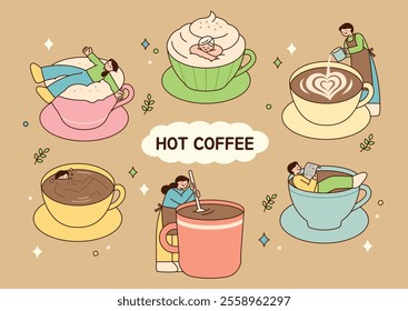 People are taking a coffee break, sipping on giant cups of coffee. A barista is making coffee. outline cute  people illustration.