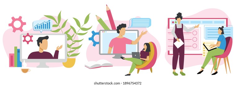 Gente tomando con un colega en la computadora. Concepto de conferencia web. Ilustración vectorial al estilo de las caricaturas.
