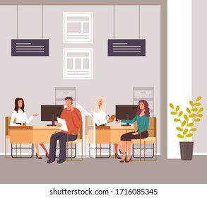 People taking credit loan financial consultation in bank office. Vector graphic design illustration