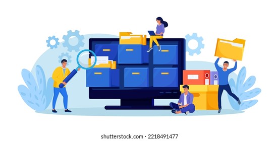 People taking documents from archive, using magnifying glass and searching files in electronic database. Office clerks or employees indexing data. Businessman holding folder from online storage