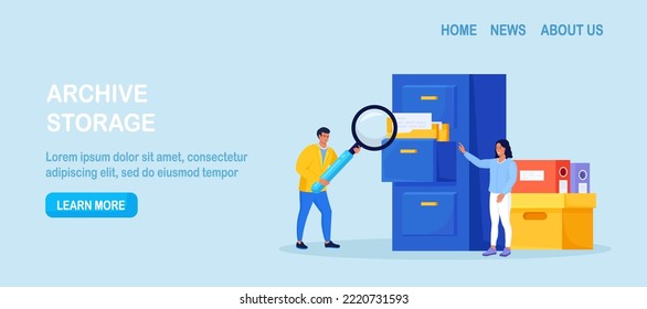 People taking documents from archive, using magnifying glass and searching files in electronic database. Office clerks or employees indexing data. Businessman holding folder from online storage