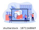 People taking documents from shelves, using magnifying glass and searching files in electronic database. Vector illustration for archive, information storage concept